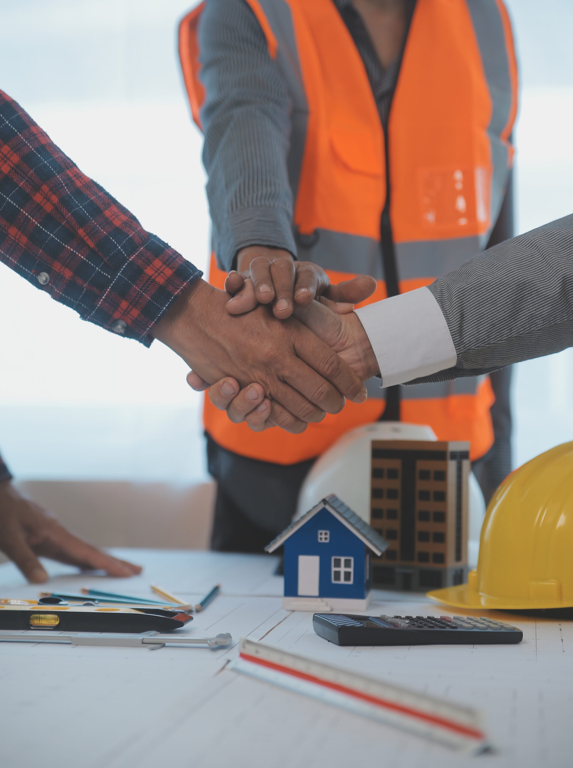Courses Construction Structure Concept Engineer Architect Meeting Project Working With Partner Engineering Tools Model Building Blueprint Working Site Contract Both Companies Scaled