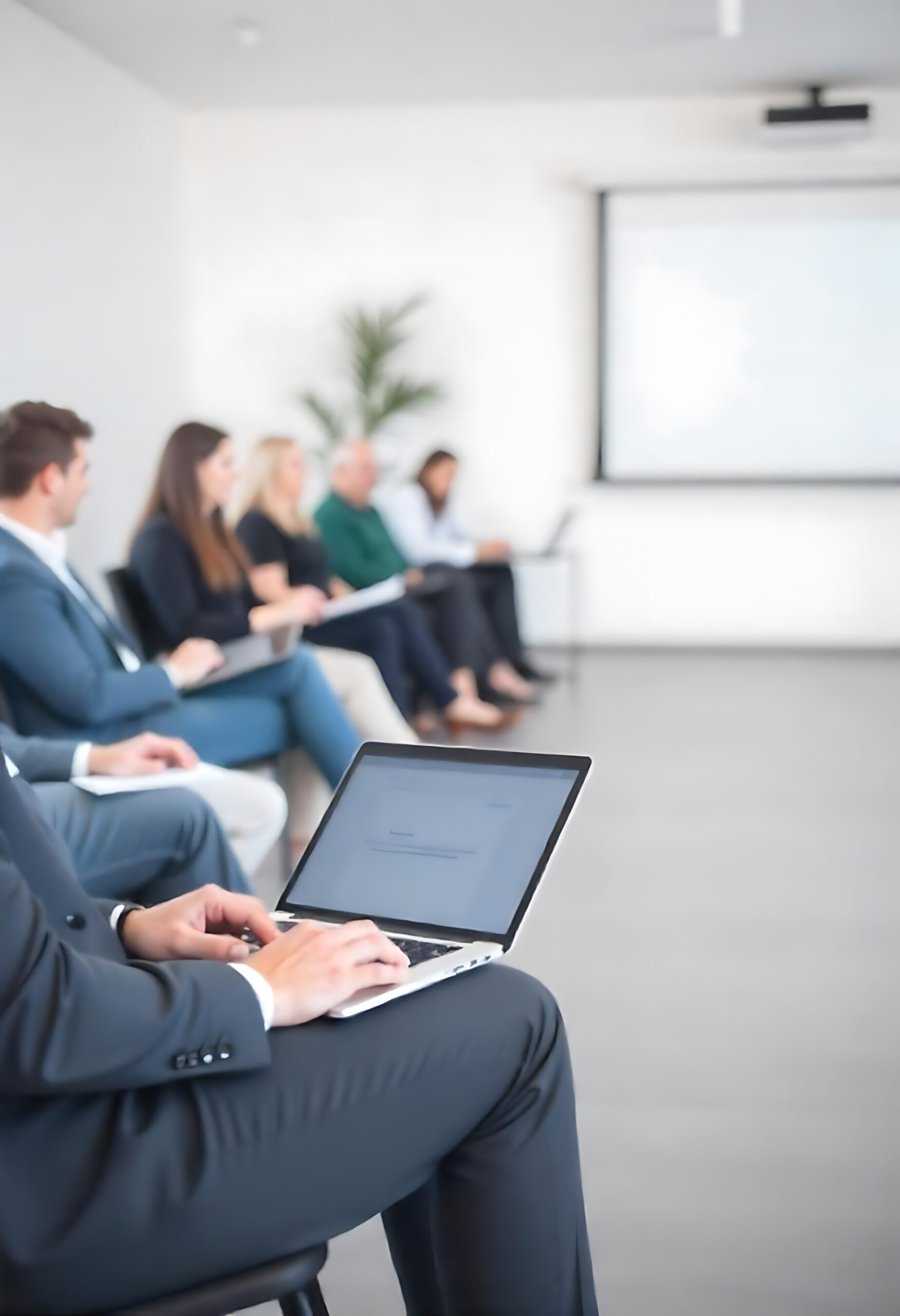 Commercial & Contracts Man Suit Sits Waiting Room With Laptop Other People Background Scaled